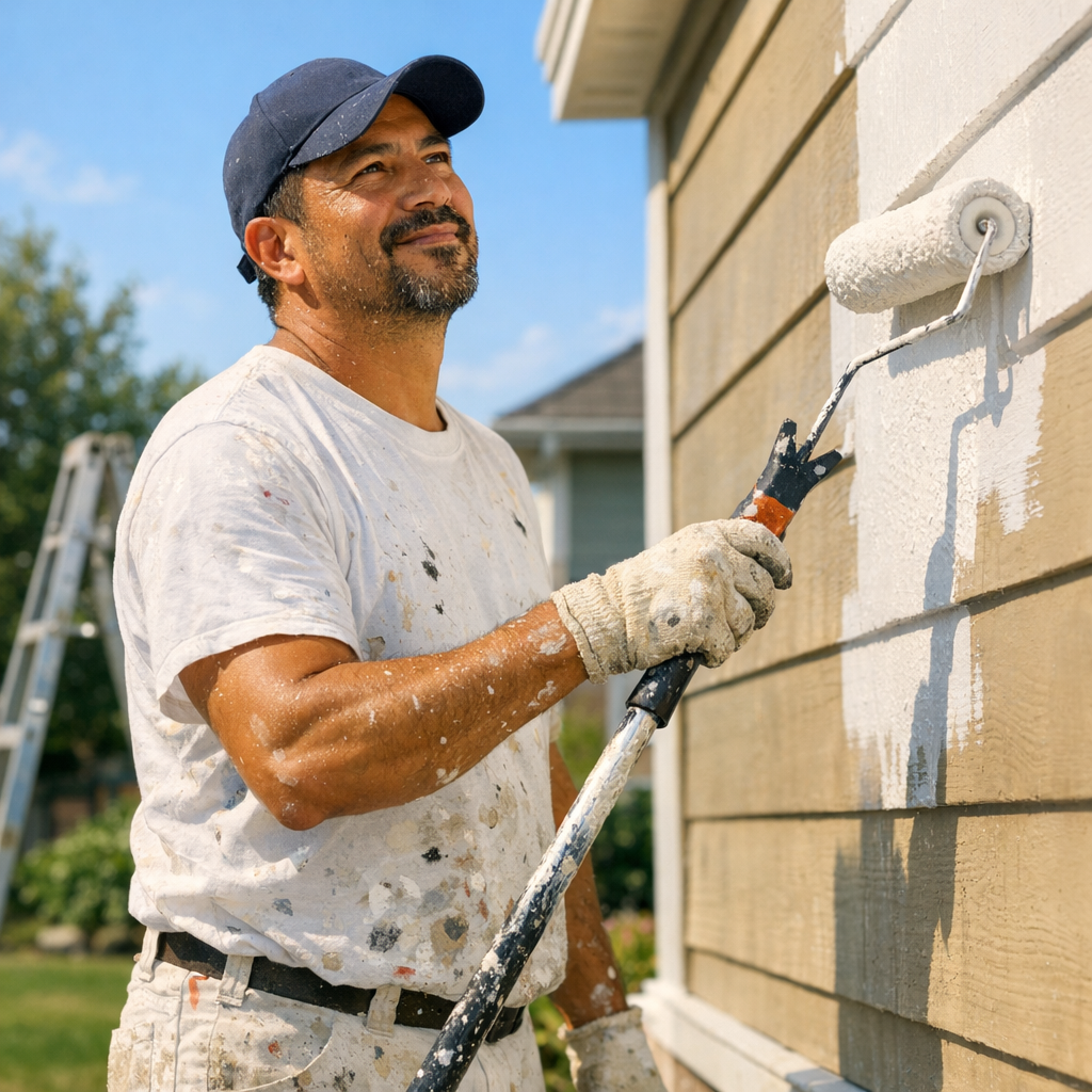 Male Hispanic Painter Rolling Paint on Suburban Home Exterior