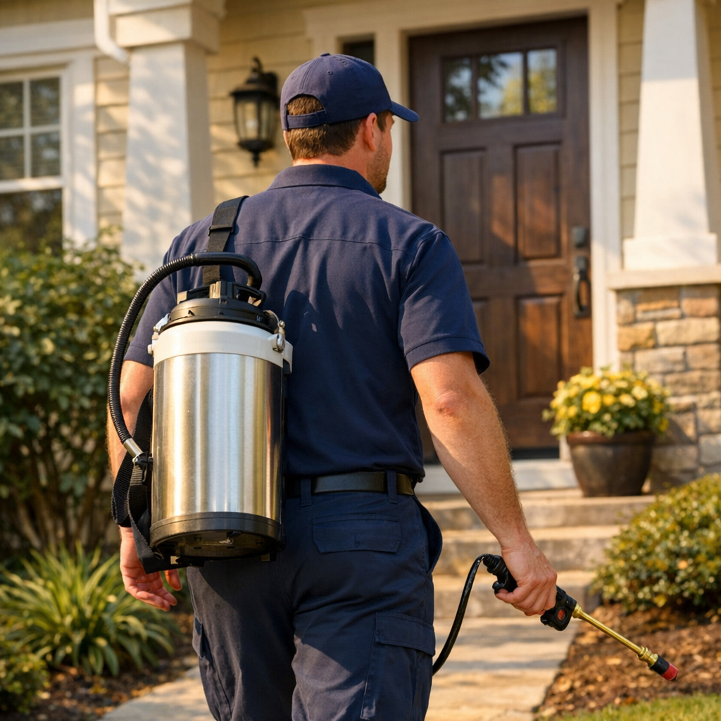 Pest Control Technician Spraying Tank Near Suburban Home-1