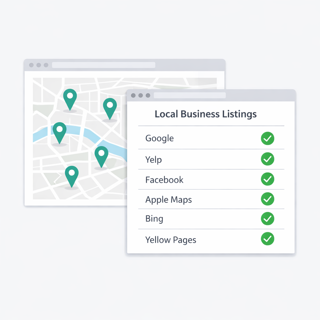 Tech UI Illustration Dual Browser Windows with City Map and Business Listings