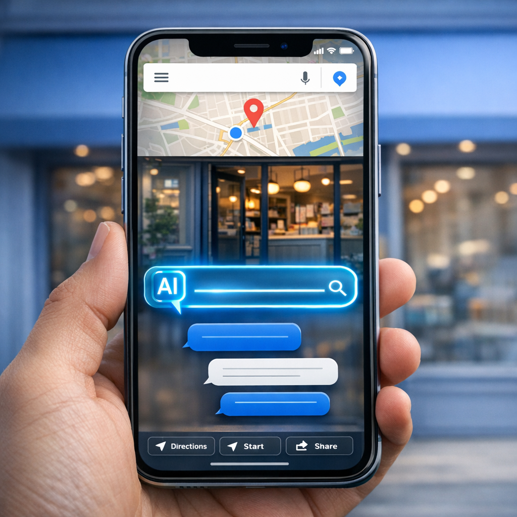 Local business storefront displayed on a smartphone showing a Google Maps AI search interface
