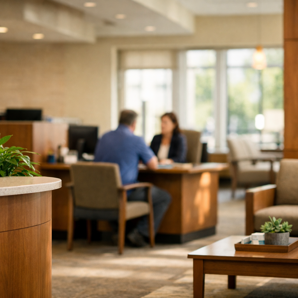 Interior of a welcoming community bank branch lobby.