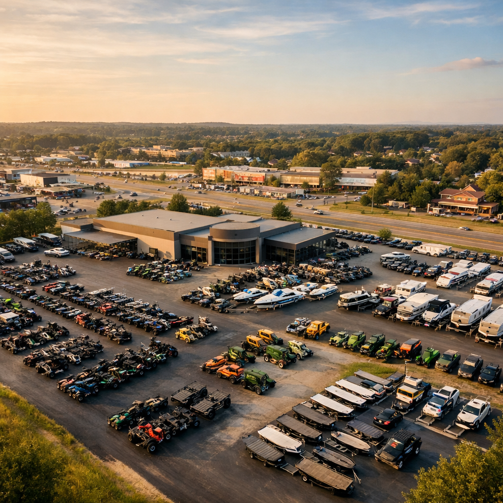 OEM dealer network growth showing authorized dealership with full inventory lot representing local market presence and network scale