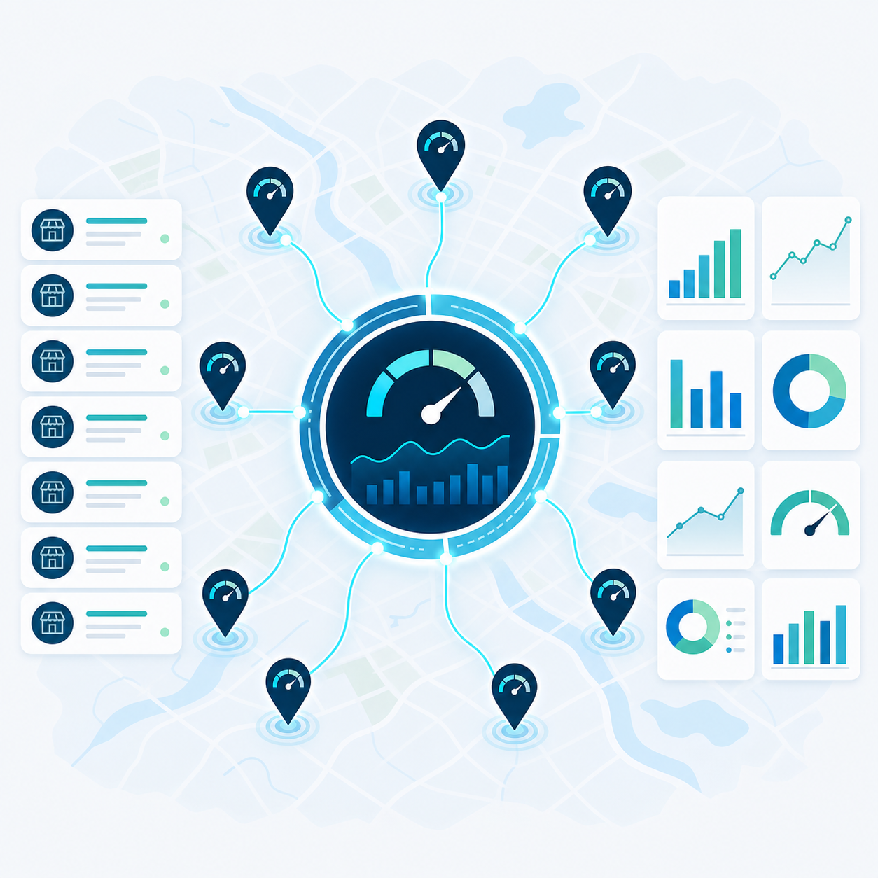 A multi-location marketing performance dashboard showing per-location results with charts