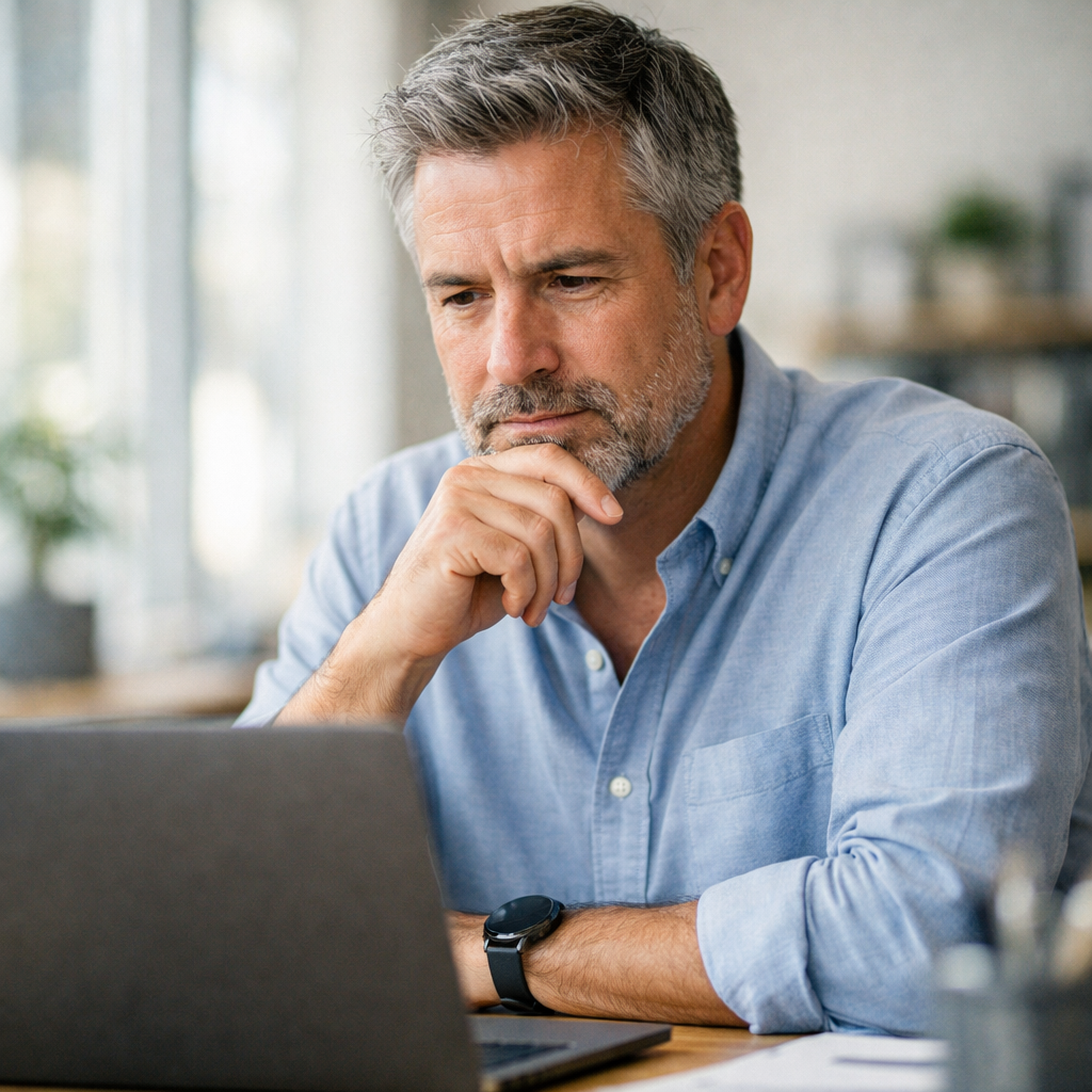 Business owner checking AI search results for his company on a laptop,