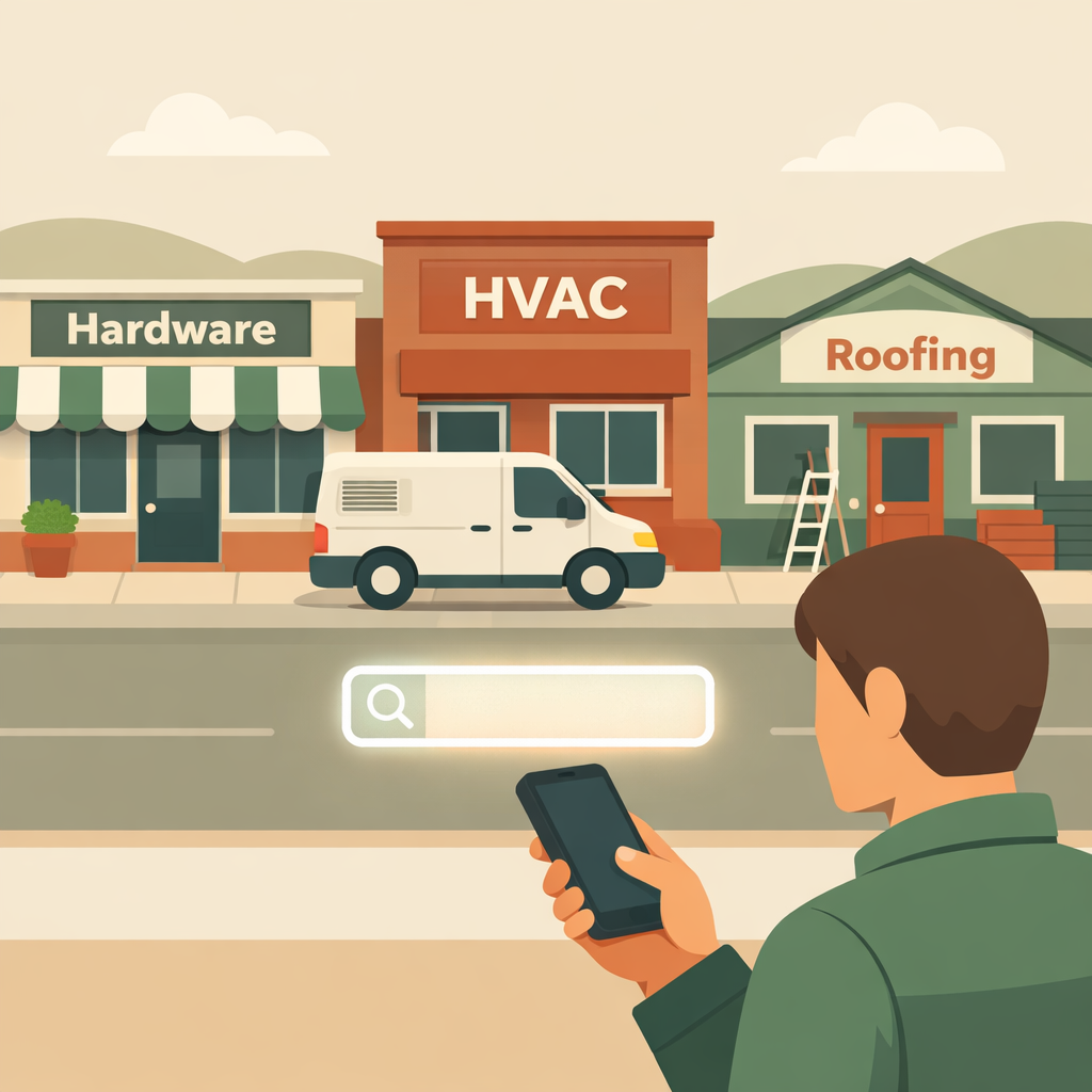 AI Mode local business search illustration showing hardware, HVAC, and roofing storefronts with a person searching on a smartphone