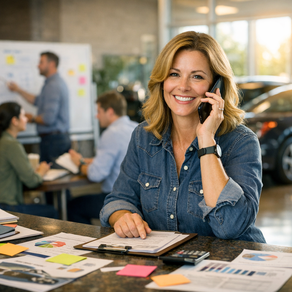 business owner answering a phone call while reviewing marketing analytics