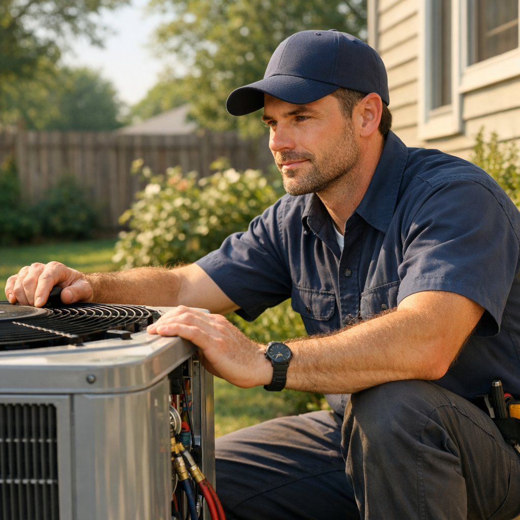 HVAC technician servicing a residential air conditioning unit outdoors