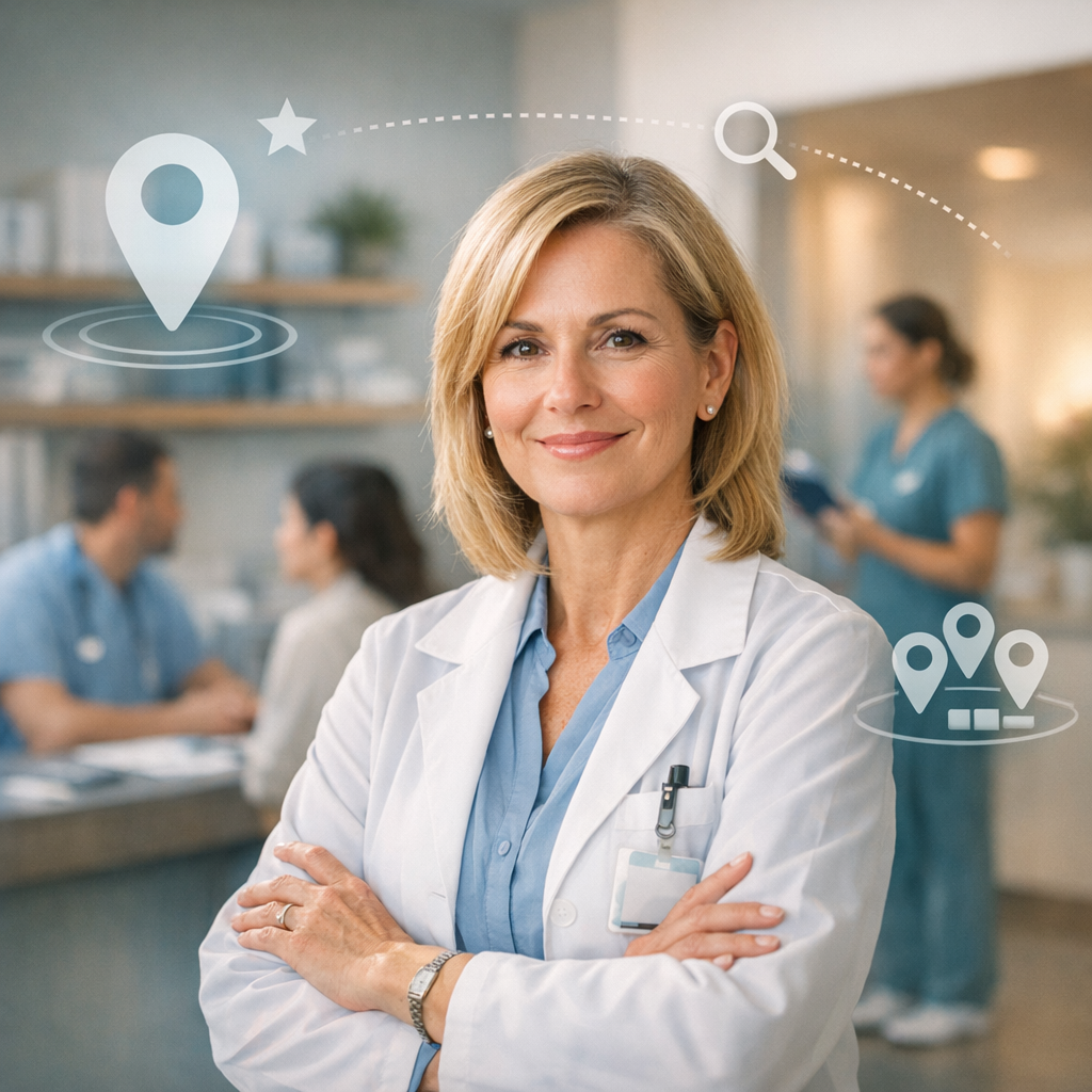Physician in a medical practice with local search and map pin icons representing local SEO for medical practices