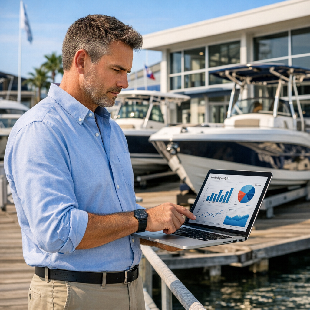 Boat dealership owner reviewing digital marketing strategy at a marina