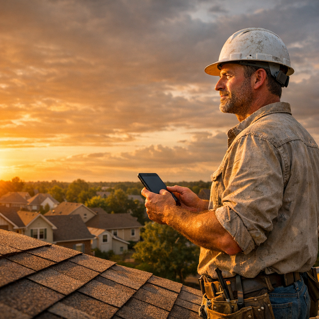 roofing contractor on roof using smartphone to manage digital marketing leads